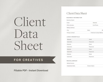 Client Data Sheet for Creatives | Client Password Organizer | Client Records | Printable & Fillable | Client Credentials | Password Tracker
