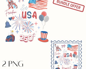 Patriotic PNG Bundle USA 4th of July Graphics Watercolor American Flag Fireworks Freedom Clipart Instant Download