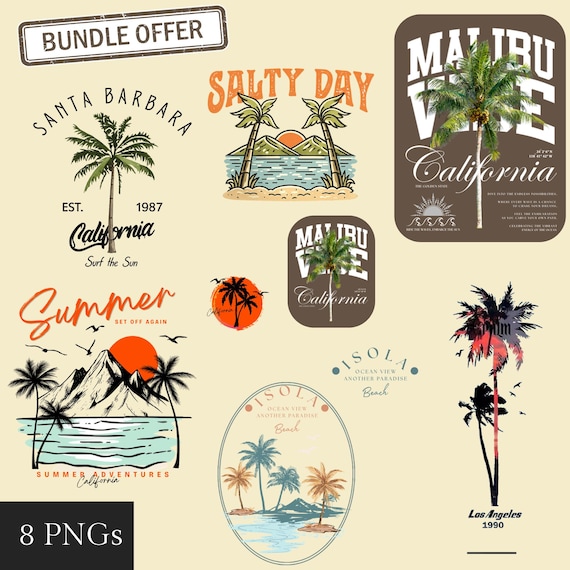 Coastal Summer 10 PNG Bundle for Men | Beach Palm Tree Graphics | Graphic Tee Designs | Malibu Santa Barbara California | Instant Download