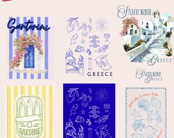 Greece Santorini PNG Bundle, Mediterranean Coastal Art, Sardine Tin Graphics (Digital Download)