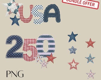 Patriotic Patchwork PNG Bundle USA 250 Vintage Americana Quilt Letters Red White Blue Stars Design