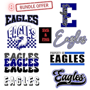May include: A collection of Eagles-themed graphics in various styles, including text and an eagle illustration. The designs feature blue, black, and white colors. Includes a "Bundle Offer" stamp and "SVG & PNG" text.