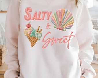 Salty & Sweet Embroidery Style PNG | Coastal Patchwork Summer PNG | Beach Ice Cream Seashell Digital Download