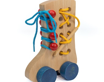Wooden lacing shoe, montessori lacing toy, shoe seewing toy, toddler wood toy, learning toy, lacing toy, organic toy
