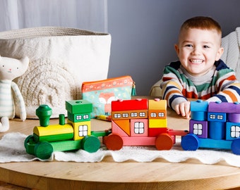 Wooden train with rainbow blocks, Stacking train, Wooden toy, Handmade toys, Ecological toys, Personalized toy, Eco Toys,Gift for kid