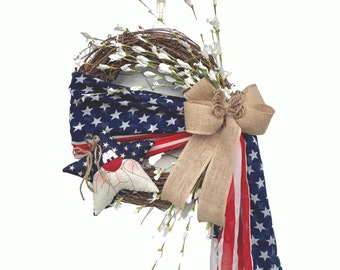 Fourth of July Wreath for Front Door, American Flag Wreath for Front Door,Patriotic Wreath, Cat Decor, Primitive Star