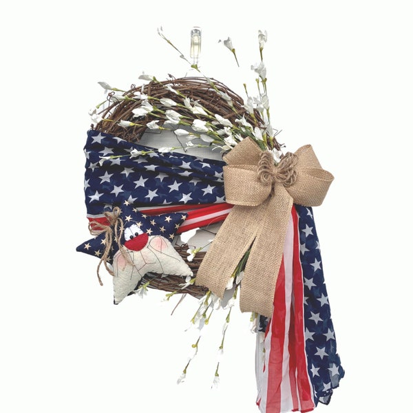 Fourth of July Wreath for Front Door, American Flag Wreath for Front Door,Patriotic Wreath, Cat Decor, Primitive Star
