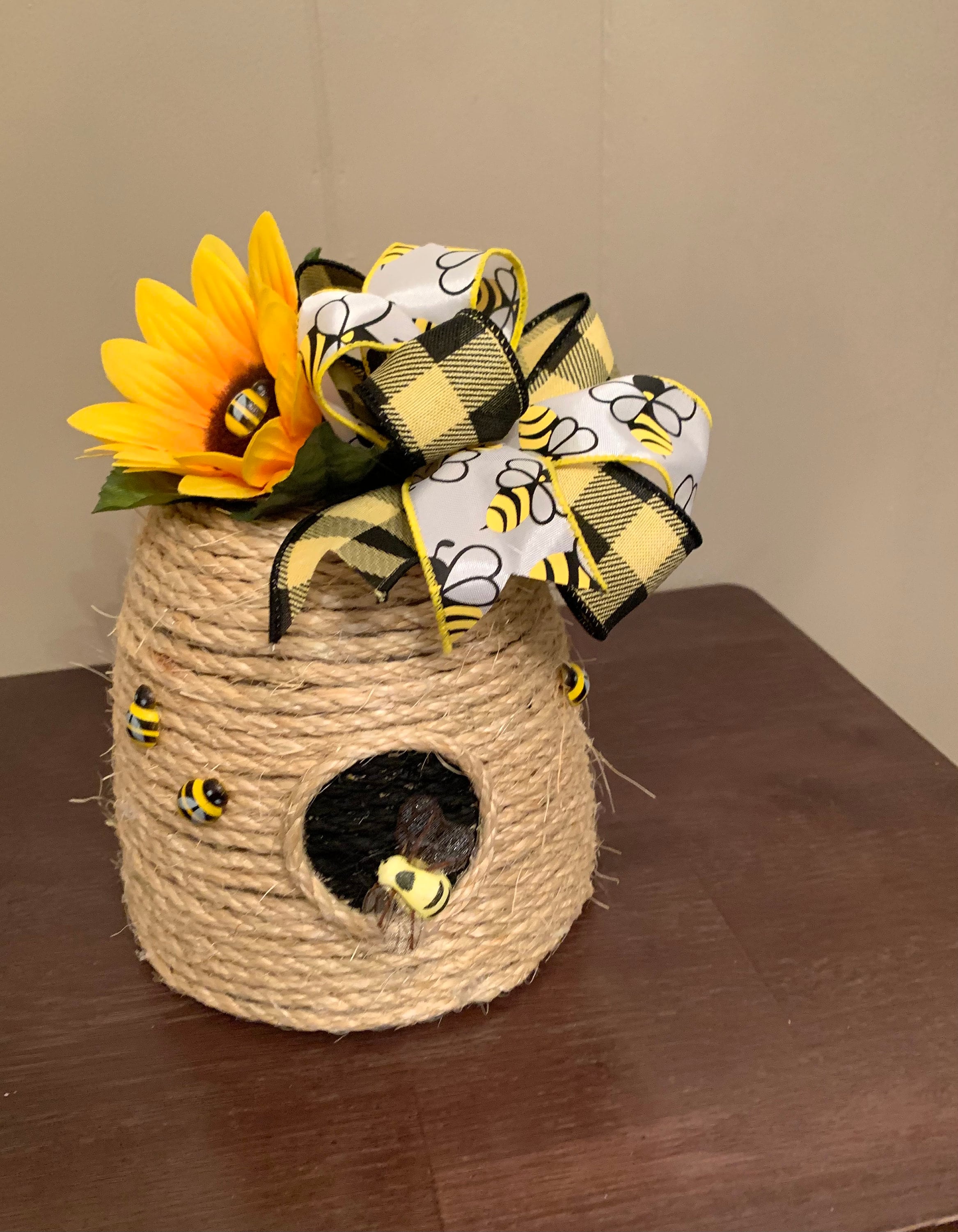 Handmade Bee Skep Decor | Rustic Beehive With Sunflower & Buffalo
