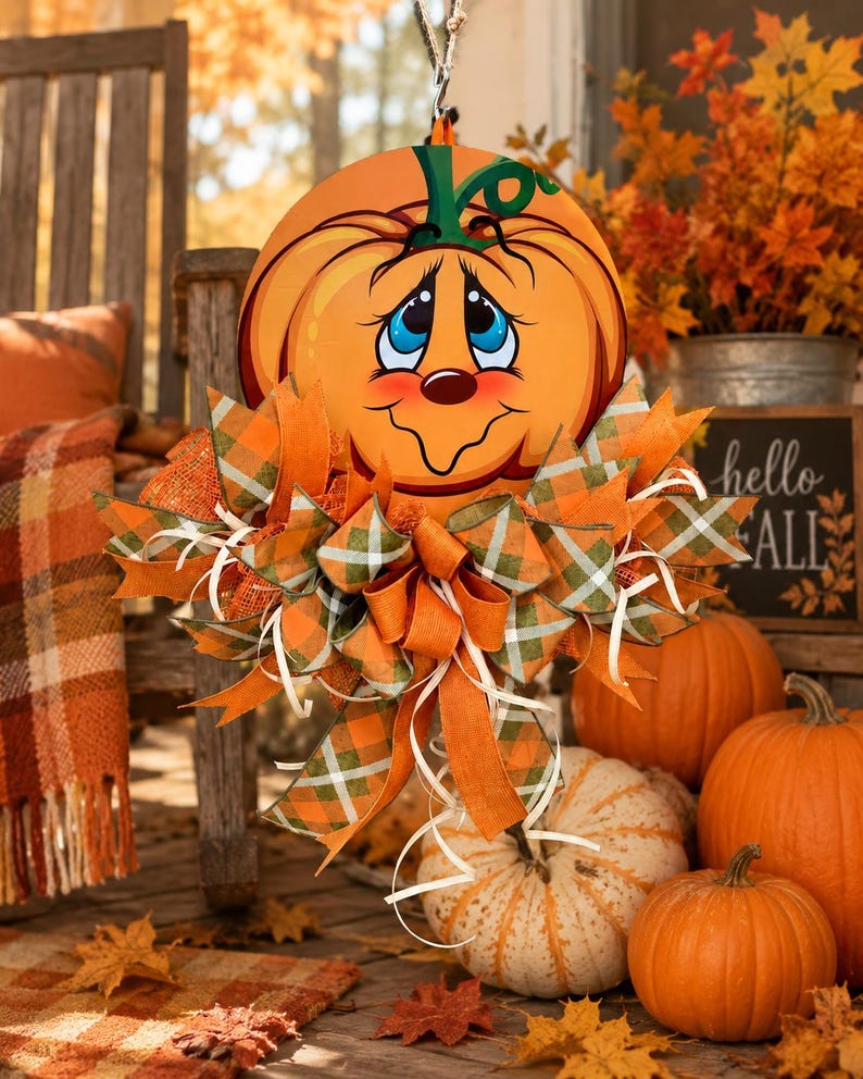 Whimsical Pumpkin Door Hanger | Fall Pumpkin Wreath | Pumpkin Face Door Decor | Autumn Front Door Decoration | Cute Fall Porch Decor afbeelding 1