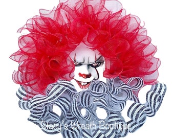 Halloween Clown Wreath, Penywise Wreath, IT Wreath, Scary Wreath, Halloween Clown, Creepy Clown, Clown Decor, Creepy Wreath