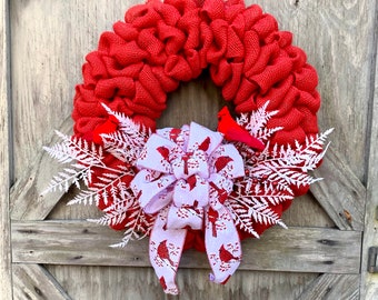 Christmas Wreath for Front Door, Red burlap wreath, Red Birds, Ehite Branches,Red Berries, Red Bird Bow