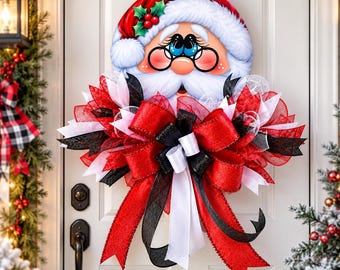 Handmade Christmas Wreath: Whimsical Santa Face with Blue Eyes, Red Hat