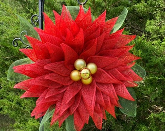 Poinsettia Wreath for Front Door, Christmas Poinsettia Wreath, Winter Wreath, Flower Wreath, Mesh Wreath