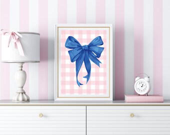 Arte de parede com laço azul, arte para impressão com laço azul, arte de parede com laço, impressões de arte com laço, arte de parede digital, arte de parede para meninas, arte de parede para berçário, arte para impressão