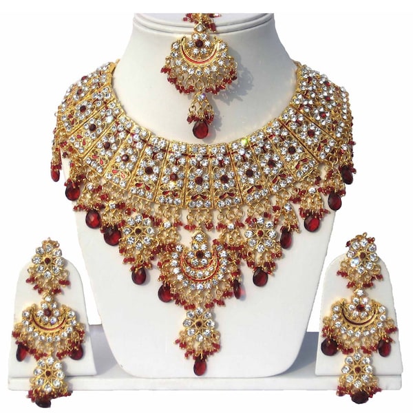 Indian Designer CZ Pearls Necklace with Earrings Maang Tikka Jewelry set
