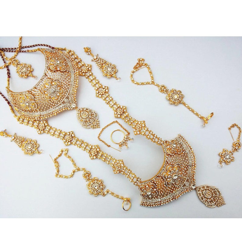 Finekraft New Arrival Complete Traditional Indian Grand Bridal Wedding Designer Kundan Zircon Necklace Jewelry Set