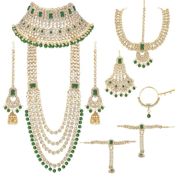 Indian Bridal Jewelry Set/Full Bridal Set/Emerald Green Kundan Necklace Set/Bollywood Jewelry/Indian Jewelry/chain Earrings/Wedding Set