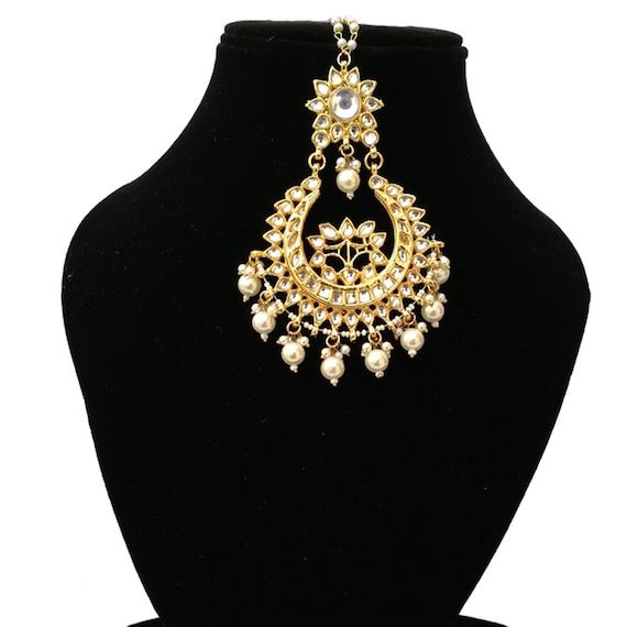 KUNDAN MAANG TIKKA Indian Wedding Designer Pearls Kundan Tikka Wedding Jewelry Set