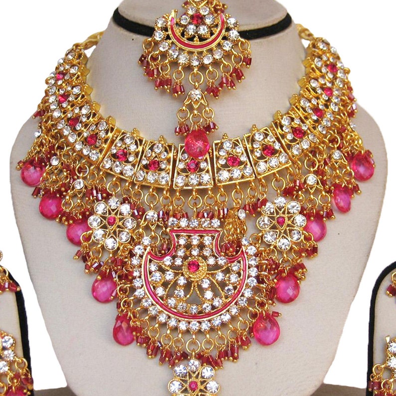 Finekraft Bollywood Bridal Indian Traditional Wedding Jewelry Gold Plated Kundan Zircon Choker Necklace Earrings,Tikka Set
