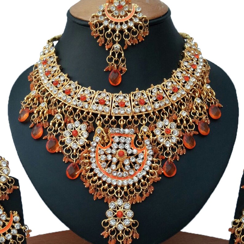 Finekraft Bollywood Bridal Indian Traditional Wedding Jewelry Gold Plated Kundan Zircon Choker Necklace Earrings,Tikka Set
