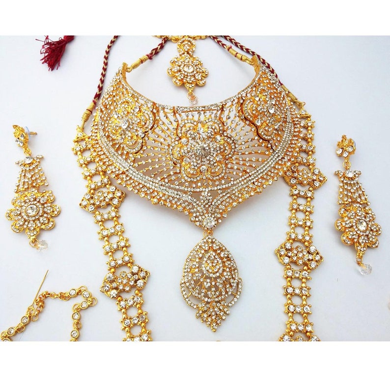 Finekraft New Arrival Complete Traditional Indian Grand Bridal Wedding Designer Kundan Zircon Necklace Jewelry Set