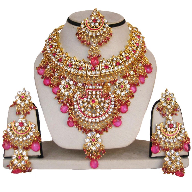 Finekraft Bollywood Bridal Indian Traditional Wedding Jewelry Gold Plated Kundan Zircon Choker Necklace Earrings,Tikka Set