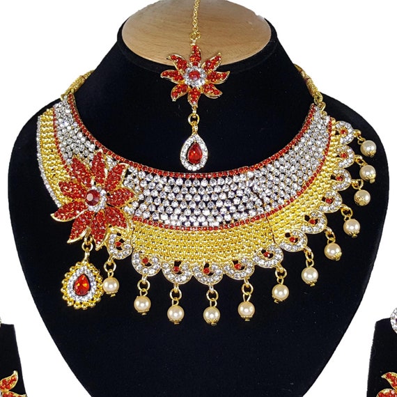 Finekraft Bollywood Bridal Indian Traditional Wedding Jewelry Gold Plated Kundan Zircon Choker Necklace Earrings,Tikka Set