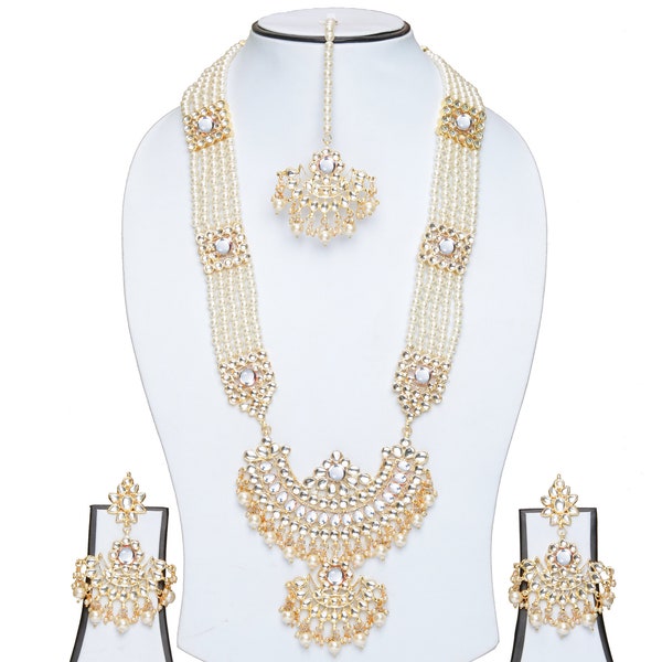 Kundan White Pearls Long Necklace Rani Haar Indian Bridal Jewelry Set