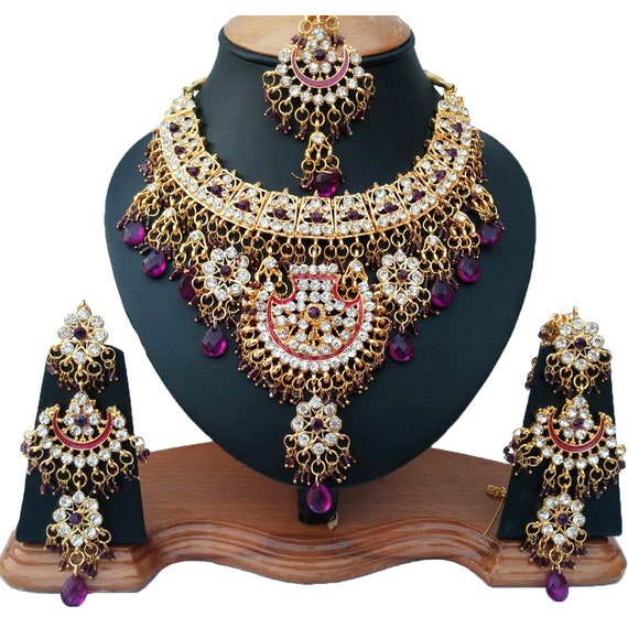 Finekraft Bollywood Bridal Indian Traditional Wedding Jewelry Gold Plated Kundan Zircon Choker Necklace Earrings,Tikka Set