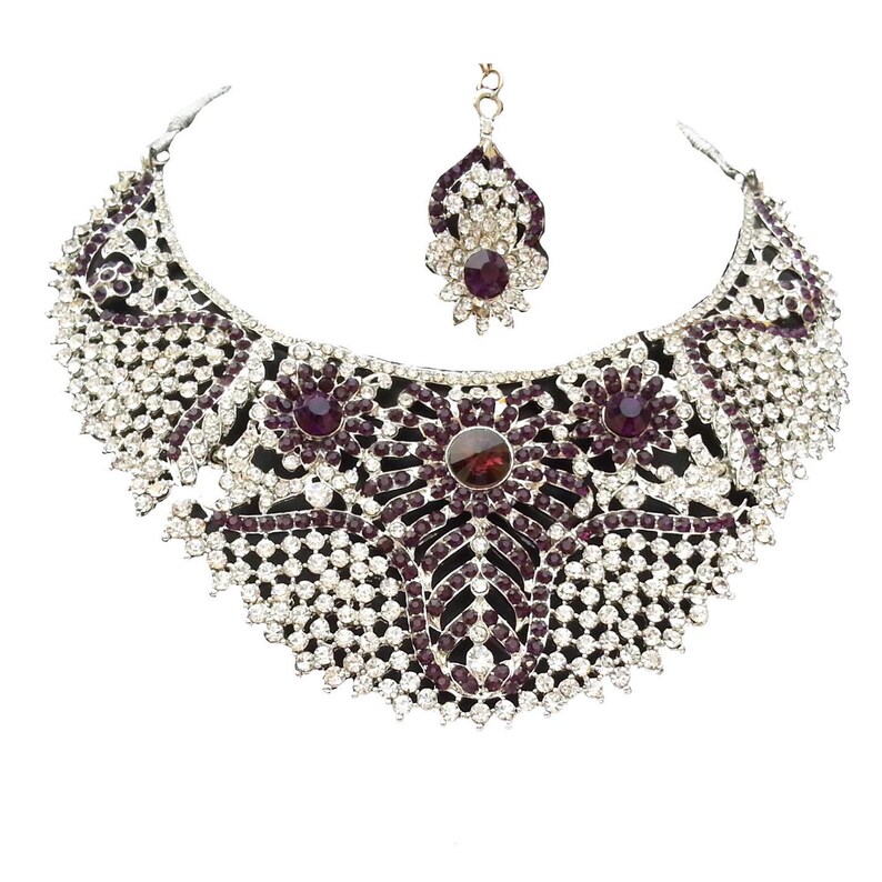 Finekraft Bollywood Wedding Designer Silver Plated Bridal Kundan Zircon Choker Necklace Jewelry Earrings,Tikka Set