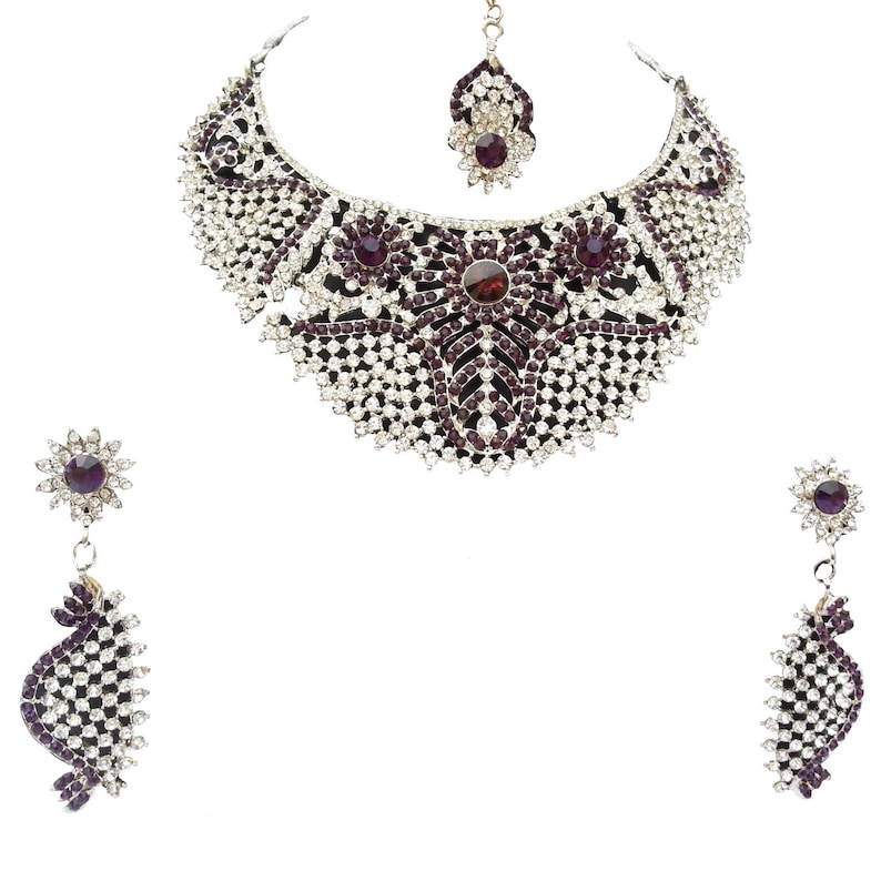 Finekraft Bollywood Wedding Designer Silver Plated Bridal Kundan Zircon Choker Necklace Jewelry Earrings,Tikka Set