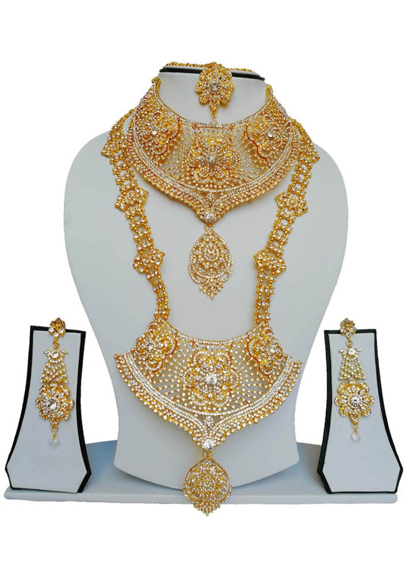 Finekraft New Arrival Complete Traditional Indian Grand Bridal Wedding Designer Kundan Zircon Necklace Jewelry Set