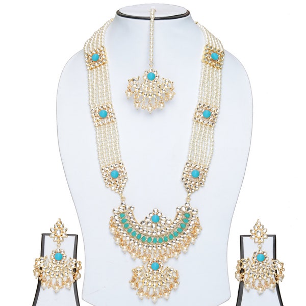 Kundan Long Necklace Earrings Tikka Wedding Jewelry Set