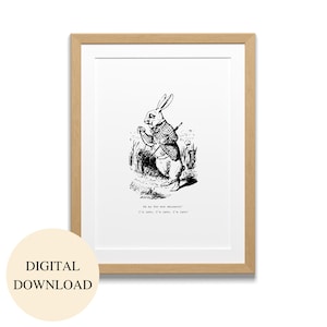 Impresión de conejo blanco, Alicia en el país de las maravillas, cita del libro de Lewis Carroll, arte de pared vintage, decoración literaria para habitación de niños