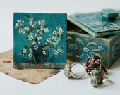 painting miniature individually wrapped painting on canvas in vintage box, square antique box, painting with beautiful bouquet of flowers