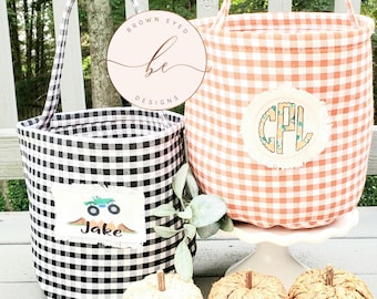 Halloween basket, Gingham treat bag, Halloween bucket, tote, candy bag, monogram, personalized, custom, first Halloween, kid, toddler, baby