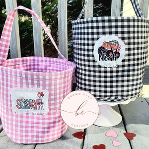 Valentine basket, Gingham treat bag, Valentine bucket, tote, candy bag, monogram, personalized, custom, first Valentine, kid, toddler, baby