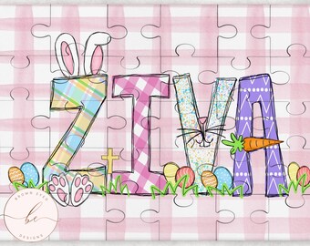 May include: A pink and white gingham background with the name "ZIVA" spelled out in colorful letters. Each letter is decorated with Easter-themed patterns, including bunnies, eggs, and carrots.