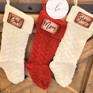 Christmas stockings, cable knit stocking, personalized Christmas stocking, leather patch stocking, family matching stocking, matching family