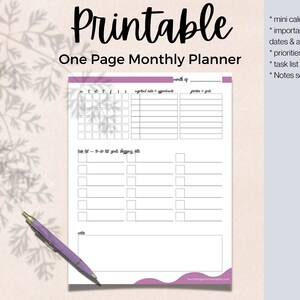 May include: Printable one-page monthly planner with sections for a mini calendar, important dates and appointments, priorities, a task list, and notes. The planner has a light purple background and a white border.