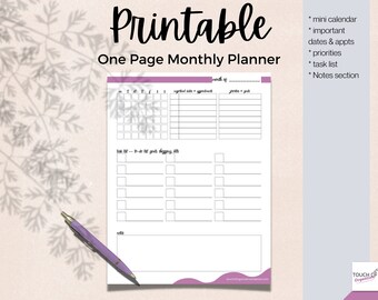 May include: Printable one-page monthly planner with sections for a mini calendar, important dates and appointments, priorities, a task list, and notes. The planner has a light purple background and a white border.