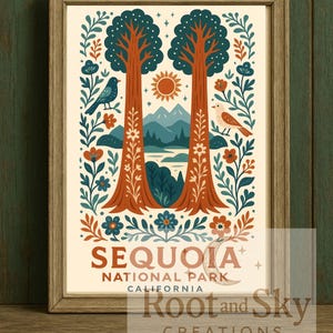 May include: Framed art print featuring a stylized illustration of Sequoia National Park in California. The design includes two tall trees, birds, flowers, mountains, and the text "Sequoia National Park California".