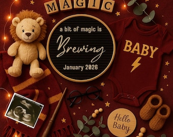 Puede incluir: Anuncio de bebé burdeos con un león de peluche, ropa de bebé y un letrero que dice "a bit of magic is Brewing January 2026". El anuncio incluye un body de bebé con la palabra "BABY" y un rayo.