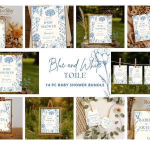 Blue floral Baby Shower Bundle • 14 Piece Printable Set • Toile Baby Shower Invitation, Games & Signs • Instant Download Baby Shower Decor