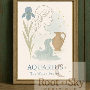 Aquarius -Zodiac Wall Art Printable –Minimalist Watercolor Star Sign Poster | Boho Botanical Astrology Decor | Birth Month Constellation Art