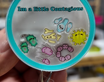 Im a little contagious badge reel, Petri dish, microbi, lab tech interactive ID holder. Shaker badge clip