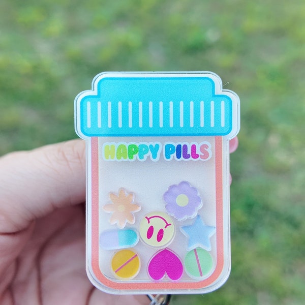 Bobine d'insigne pour bouteille Happy Pills| Cadeau pour pharmacien, jolis accessoires d'infirmière, enrouleur de badge rétractable, clip pour badge technique de pharmacien, badge shaker