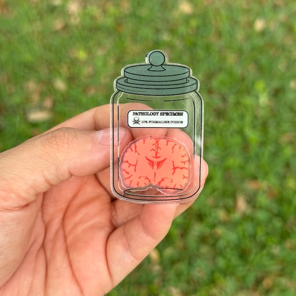 Pathology specimen jar with brain badge reel, interactive ID holder. Shaker badge clip,shaker badge reel