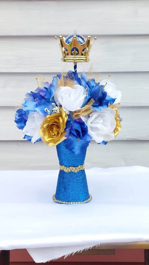 Little Prince Centerpiece Blue and Gold Birthday party table centerpiece  decoration Royal Baby Shower Birthday Gold Blue Gold crown Piece