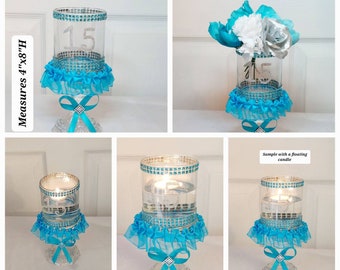 Quinceanera Centerpiece, Quinceanera Table Decor, Teal Quinceanera Decor, Quinceanera Flower Decor, Floating Candle Decor, Quinceanera DIY